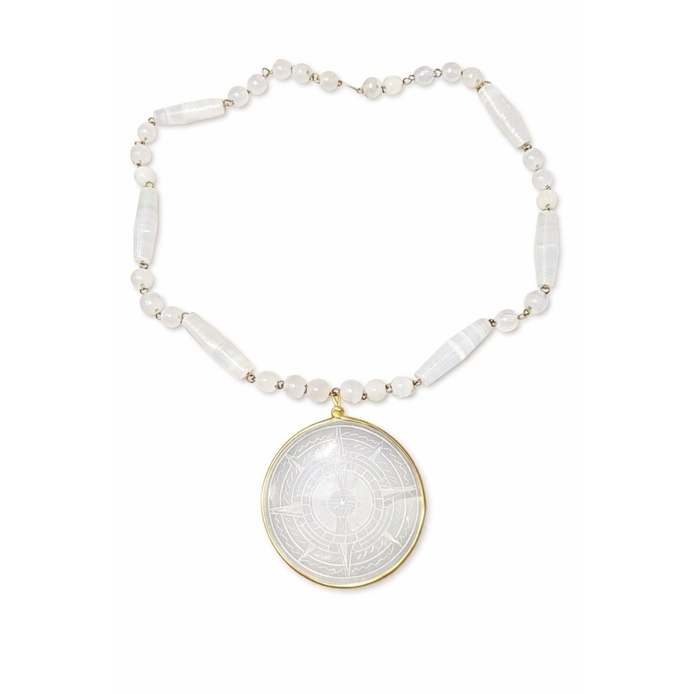 Handmade Compass Medallion Beaded Necklace Women White Gold Celestial Boho